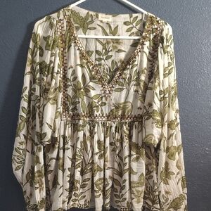 Cost Plus World Market White Boho Embroidery Tunic with Olive Green Leaf Print.